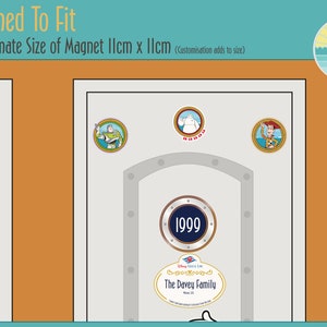 May include: A set of circular magnets featuring Disney characters including Buzz Lightyear, Baymax, Woody, and Minnie Mouse, displayed on a door graphic. The text reads Designed To Fit, Approximate Size of Magnet 11cm x 11cm, 1999, and The Davey Family.