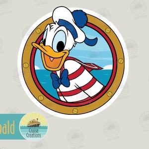 May include: A circular sticker featuring a cartoon duck wearing a white sailor hat with a blue pom-pom and a white shirt with red horizontal stripes and a blue bow tie. The duck is framed by a gold-colored ship porthole against a blue sea background.