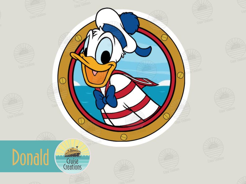 May include: A circular sticker featuring a cartoon duck wearing a white sailor hat with a blue pom-pom and a white shirt with red horizontal stripes and a blue bow tie. The duck is framed by a gold-colored ship porthole against a blue sea background.