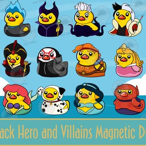 May include: A collection of twelve yellow rubber ducks, each designed as a hero or villain character. The ducks are in various costumes, including a Dalmatian, a princess, and a superhero. The text "12-Pack Hero and Villains Magnetic Ducks" is at the bottom.