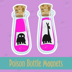May include: Two pink glass bottle magnets with cork stoppers. One bottle features a black silhouette of a creature with three legs and two eyes. The other bottle features a black silhouette of a llama. The text "Poison Bottle Magnets" is below the bottles.