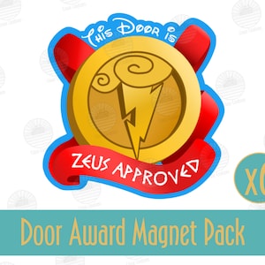 May include: A set of six gold door award magnets with a red ribbon and blue border. The magnets feature a lightning bolt and the text "This Door is Zeus Approved".