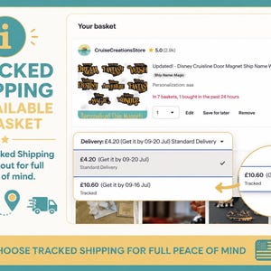 May include: A digital interface showing an Etsy basket with a Disney Cruiseline door magnet product listing. The screen displays shipping options, highlighting a tracked delivery choice of 10.60 pounds with a yellow arrow pointing to the selection.