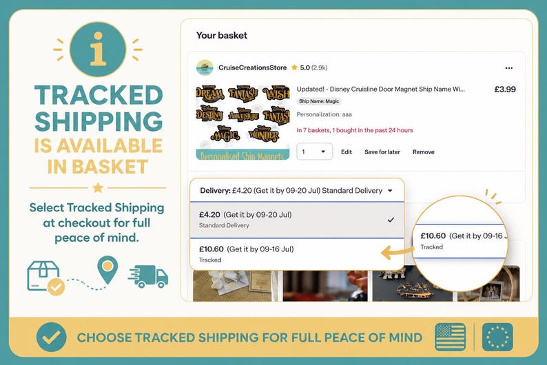 May include: A digital interface showing an Etsy basket with a Disney Cruiseline door magnet product listing. The screen displays shipping options, highlighting a tracked delivery choice of 10.60 pounds with a yellow arrow pointing to the selection.