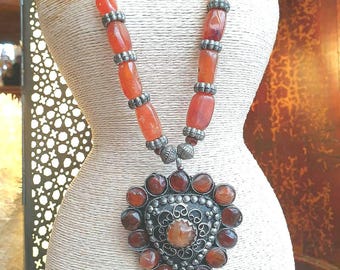 Indian Natural Carnelian Stone Necklace with Silver-Tone Metal, Unique Handmade Ethnic Statement Necklace from India