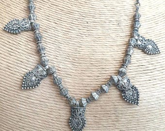 Indian Silver-Tone Metal Necklace, Handmade Ethnic Bohemian Chic Jewelry from India