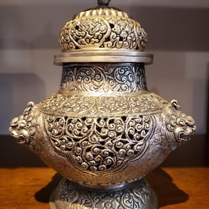 Tibetan Silver Incense Burner | Carved Incense Burner with Chimeras for Buddhist Ritual, Tibetan Silver Incense Burner - INDIA