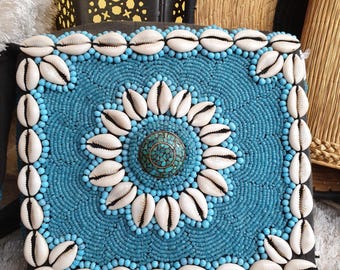 Vintage Tibetan Crossbody Bag - Ethnic Accessory Embroidered with Beads, Cowrie Shells, and Turquoise Stone Medallion - LADAKH, INDIA