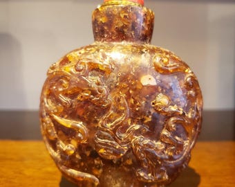 Vintage Chinese Carved Resin Snuff Bottle with Dragon Motif, China (1950s)