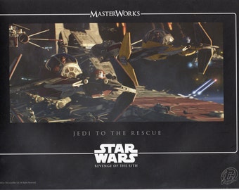Könnte beinhalten: Ein Star Wars: Die Rache der Sith Masterworks Poster mit einer Szene aus dem Film, in der Jedi-Sternjäger in einer Weltraumschlacht kämpfen. Das Poster trägt den Text "Jedi to the Rescue" und das Star Wars-Logo.
