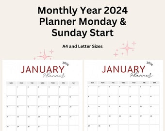 2024 Calendar 2024 Monthly Planner Portrait Monday & Sunday Elegant Monthly Calendar 2024 A4 A5 Letter Size Wall Calendar PRINTABLE PDF