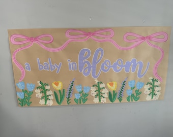 Baby shower custom painted banner, bows, flowers, pastel, baby girl, gender reveal