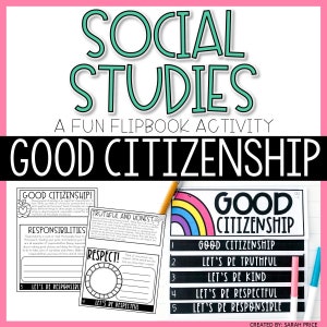 May include: A printable flipbook activity for teaching good citizenship. The cover features a rainbow and the text "Good Citizenship". The inside pages include prompts for students to write about being truthful, honest, respectful, and responsible.