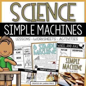 May include: A colourful educational poster for teaching about simple machines. The poster features illustrations of six simple machines: inclined plane, wedge, pulley, lever, wheel and axle, and screw. The poster also includes a definition of a simple machine and a description of each type of machine.