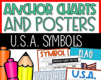 May include: Anchor charts and posters for teaching about U.S.A. symbols. The charts feature a red, white, and blue flag, a green, red, and white symbol, and a cartoon character wearing a red, white, and blue shirt. The text on the charts includes "SYMBOL", "FLAG", "PATRIOTIC", "U.S.A.", "ANCHOR CHART NOTES", and "CREATED BY: SARAH PRICE".