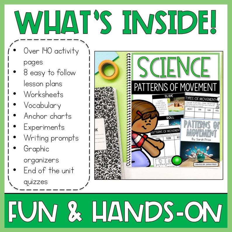 K&ouml;nnte beinhalten: Eine farbenfrohe, druckbare Ressource f&uuml;r den naturwissenschaftlichen Unterricht mit einer Comicfigur und dem Text "Science Patterns of Movement". Die Ressource umfasst &uuml;ber 140 Aktivit&auml;tsseiten, 8 leicht verst&auml;ndliche Unterrichtspl&auml;ne, Arbeitsbl&auml;tter, Vokabeln, Ankertafeln, Experimente, Schreibaufforderungen, Grafikorganisatoren und Abschlusstests.