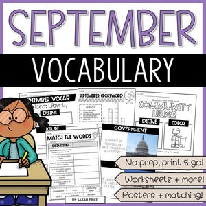 May include: A collection of educational worksheets and posters for September vocabulary. The title "SEPTEMBER VOCABULARY" is displayed in large purple letters. The image includes a cartoon illustration of a student and various vocabulary exercises.