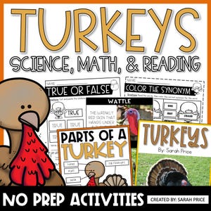 May include: A set of printable educational activities for kids featuring turkeys. The activities include a true or false worksheet, a color the synonym worksheet, and a parts of a turkey worksheet. The worksheets are black and white and have colorful accents. The title of the set is "Turkeys: Science, Math, & Reading" and "No Prep Activities".