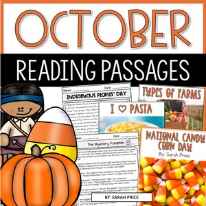 Op de afbeelding: Een kleurrijke educatieve poster met het woord "OKTOBER" in oranje letters. De poster bevat de tekst "LEESPASSAGES" en illustraties van een Indiaanse figuur, een pompoen, snoepmaïs en verschillende leesfragmenten.