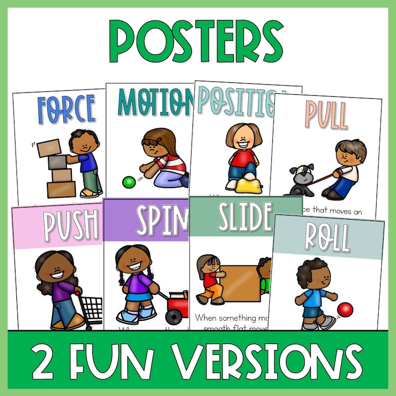 K&ouml;nnte beinhalten: Farbige Poster mit Illustrationen von Kindern, die verschiedene Bewegungsarten demonstrieren, darunter Kraft, Schieben, Ziehen, Drehen, Gleiten und Rollen. Die Poster haben einen lustigen, cartoonartigen Stil und eignen sich perfekt, um jungen Lernenden die Konzepte der Bewegung zu vermitteln.