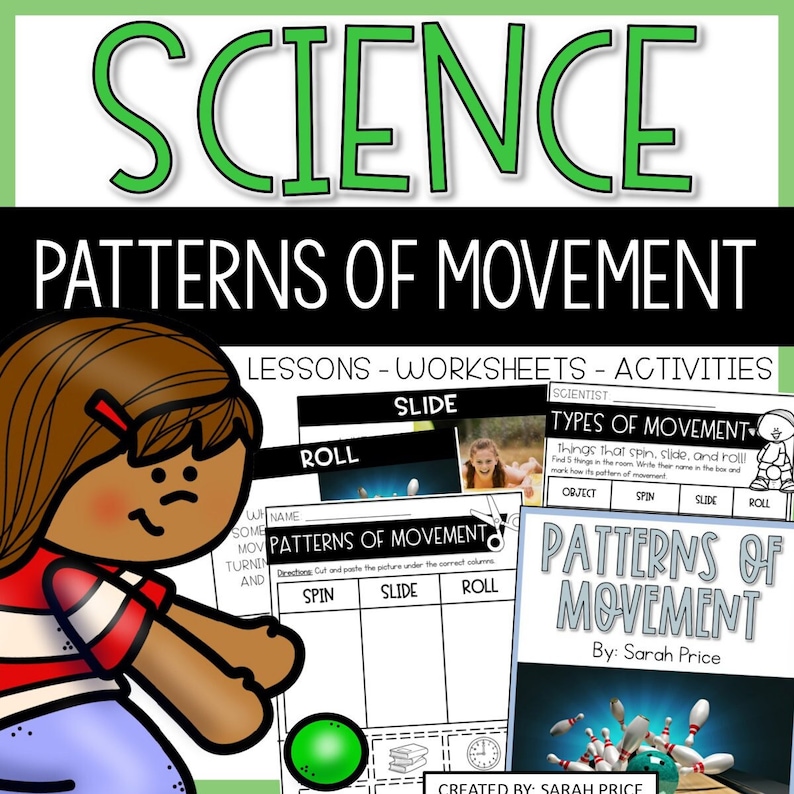 K&ouml;nnte beinhalten: Ein ausdruckbares Arbeitsblatt zum Unterrichten von Naturwissenschaften f&uuml;r Kinder. Das Arbeitsblatt tr&auml;gt den Titel "Patterns of Movement" und beinhaltet eine Ausschneide- und Klebeaktivit&auml;t mit Bildern von Objekten, die sich drehen, gleiten und rollen. Das Arbeitsblatt enth&auml;lt auch einen Abschnitt, in dem die Sch&uuml;ler Objekte identifizieren, die sich drehen, gleiten und rollen.