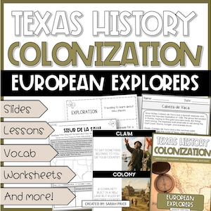 May include: Educational materials for Texas History: Colonization, featuring European Explorers. Includes slides, lessons, vocabulary, and worksheets. The image displays text and illustrations related to exploration and colonization.