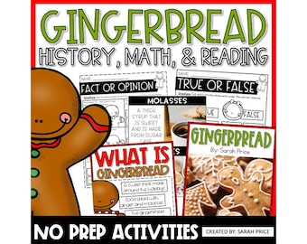 May include: A printable gingerbread activity pack with a gingerbread man illustration. The pack includes fact or opinion, true or false, and what is gingerbread activities. The text "No Prep Activities" is at the bottom of the image.