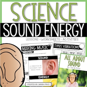 Puede incluir: Un conjunto de hojas de trabajo y actividades imprimibles para enseñar a los niños sobre la energía del sonido. Las hojas de trabajo presentan ilustraciones de oídos, notas musicales y una lupa. El texto incluye las palabras "Making Music", "Types Vibrations", "Sound", y "All About Sound".