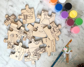 Paint your own Christmas Nativity Puzzle, Rompecabezas para pintar, Handmade Wood Nativity Puzzle, DIY Kit for Kids, Paint Christmas Puzzle