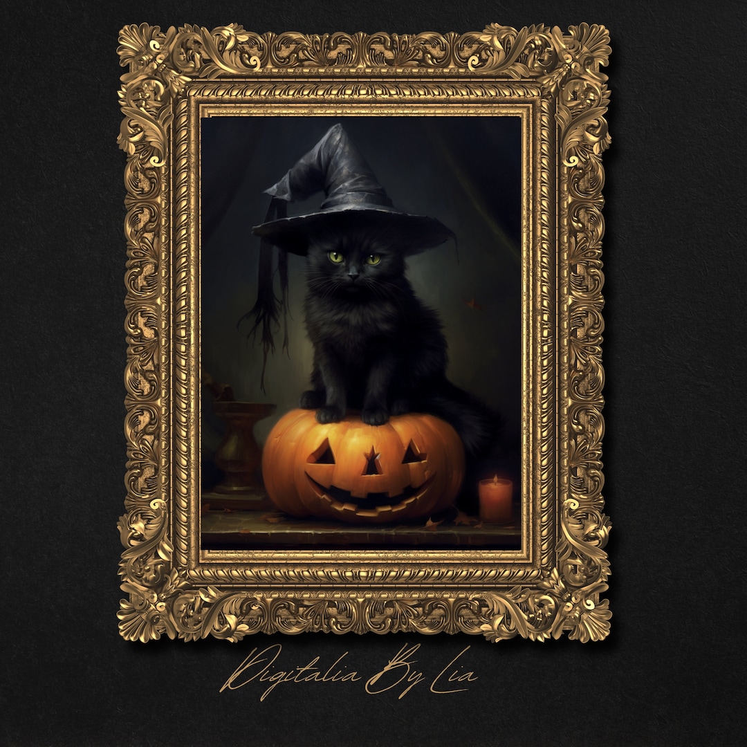 Vintage Halloween Wall Art, Witchy Black Cat Portrait, Printable