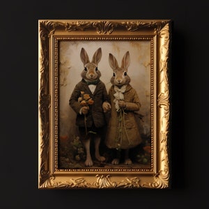 Dark Cottage Hase Paar Druck, Vintage Osterhase druckbare Wandkunst, Kaninchen Braut und Bräutigam, Waldtier Kunst, Dark Academia Drucke