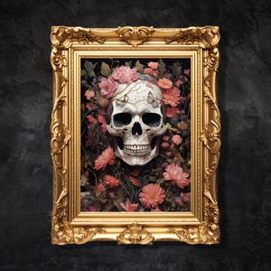 Gothic Skeleton Print, Printable Dark Academia Portrait, Whimsigoth Decor, Moody Wall Art, Floral Skull Dark Oil Painting