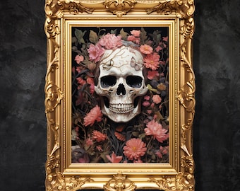 Impresión de calavera floral gótica: Arte mural de Dark Academia Whimsigoth (Descarga digital)