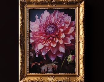 May include: A framed wall art piece featuring a large, vibrant pink dahlia flower with a deep purple center. The artwork is encased in an ornate, metallic gold frame with intricate relief detailing, set against a solid dark background.