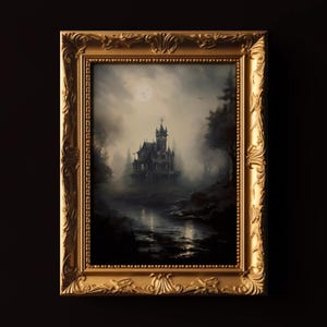 Haunted House Printable, Halloween Wall Art, Spooky Gothic Castle Digital Print, Goth Home Decor
