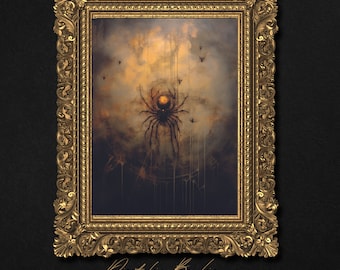Op de afbeelding: Een rechthoekig wandkunstwerk met een donker, sfeervol schilderij van een spin in het midden van een gloeiende bol, gevat in een sierlijke, metallic gouden lijst met ingewikkeld krulwerk. De tekst Digitalia By Lia verschijnt onder de lijst.