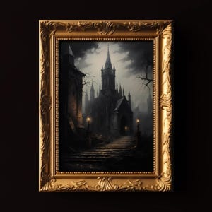Haunted House Printable, Halloween Wall Art, Spooky Gothic Castle Digital Print, Goth Home Decor