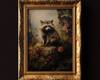 Raccoon in Forest Art Print: Dark Cottagecore Decor (Digital Download)