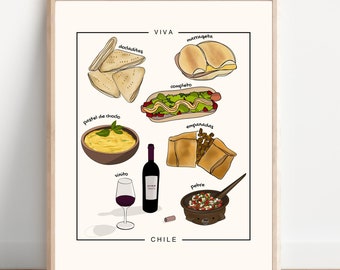 Viva Chile Poster, Illustrated Poster of Chilean Recipes, Chile Kitchen Decor, Nostalgic Kitchen Print for Chileans Abroad, Digital Download