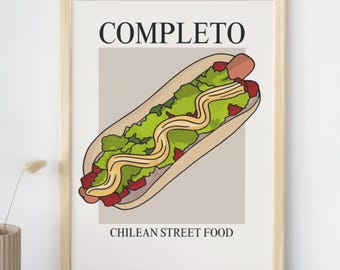 Complete Print, Hot Dog Decor, Chilean Cuisine, Food Illustration, Kitchen Art, Nostalgic Art, Chilean Culture, Street Food Poster, Chile