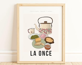 May include: A framed illustration of a traditional Chilean afternoon tea, called "La Once", featuring a teapot, teacup, bread, cheese, and jam. The illustration is in a cartoon style with a white background and the text "CHILEAN TRADITIONS" at the top.