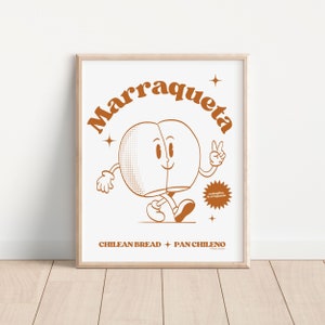 Marraqueta Print, Food Illustration, Chilean Bread Art, Retro Wall Art Printable, Kitchen Decor, 70s Cartoon Mascot, Vintage Food Print Art