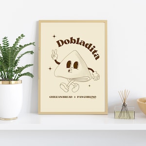 Dobladita Print, Chilean Food Illustration, Retro Wall Art Printable, Kitchen Decor, Cartoon Mascot, Vintage Food Print Art, Latino Print