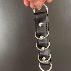 Può includere: Cinturino in pelle nera con quattro anelli in metallo argentato. Il cinturino ha un anello in metallo argentato in alto e un anello in metallo argentato in basso.