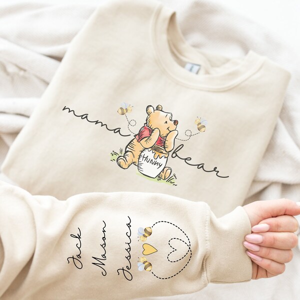 Custom Mama Bear Sweatshirt For Mom Sweater For Mother’s Day Personalized Pooh Hoodie Classic Pooh Bear Tee Customizable Shirt