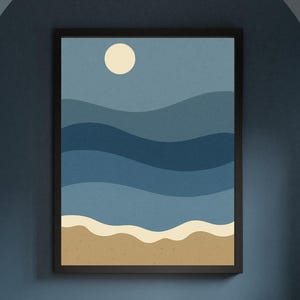 Druckbares Meer und Mond Poster • Minimalistische abstrakte Ozean Illustration • Herunterladbare Strand Digitale Kunst