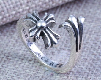 Anello in argento con design aperto a forma di fiore con croce stile cuori cromati, anello per coppia INS vintage, anello unisex, anello per sempre amore Anelli a cuore cromato