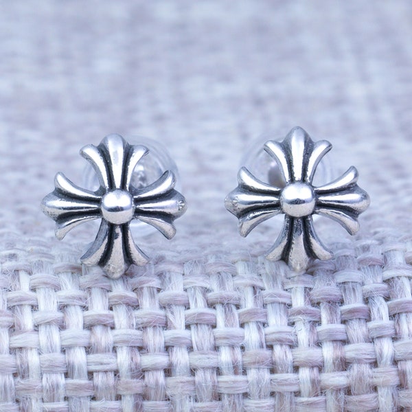 Chrome Hearts Style Cross Iris Flower Silver Earrings, Vintage Couple Earrings, Unisex Earring, Forever Love Men Women Chrome Heart Earrings