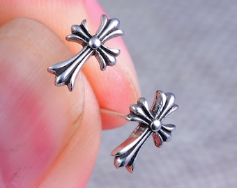 Chrome Hearts Style Cross Iris Flower Silver Earrings, Vintage Couple Earrings, Unisex Earring, Forever Love Men Women Chrome Heart Earrings