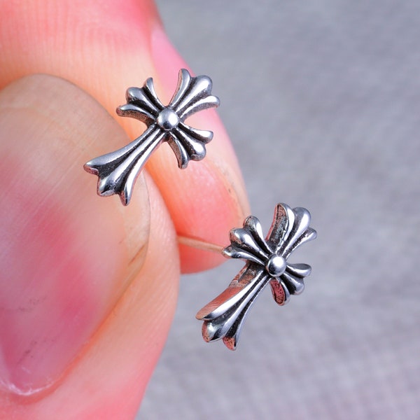 Chrome Hearts Style Cross Iris Flower Silver Earrings, Vintage Couple Earrings, Unisex Earring, Forever Love Men Women Chrome Heart Earrings